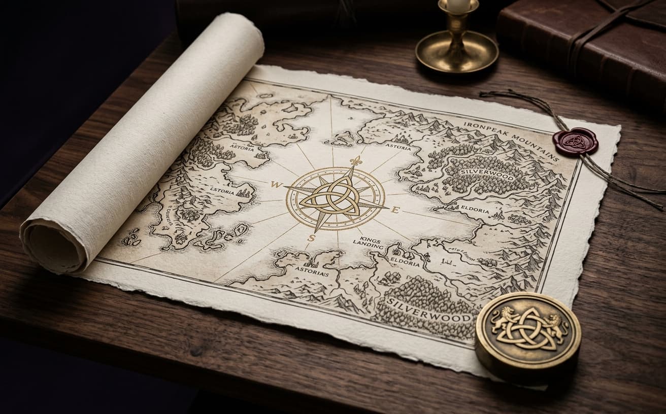 Antique illustrated map of the Skarn Reach by candlelight