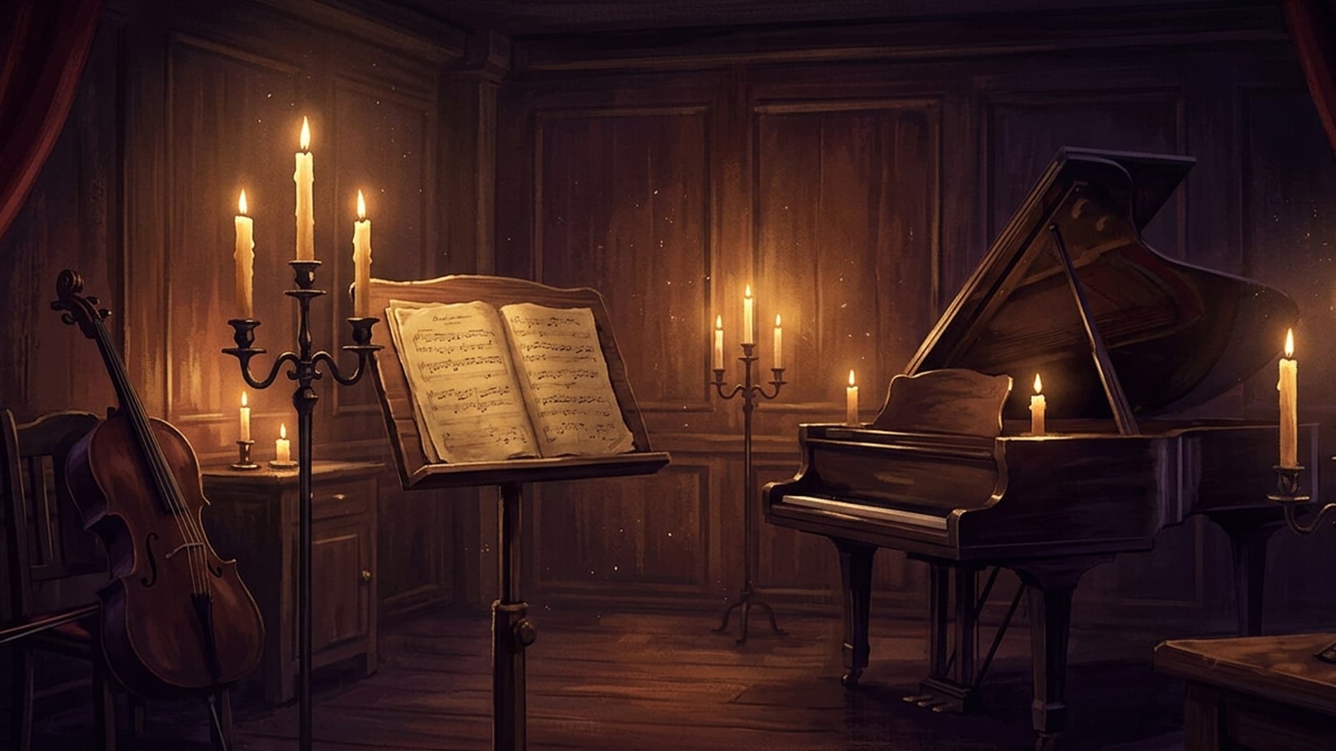 A candlelit chamber with sheet music and oxblood velvet